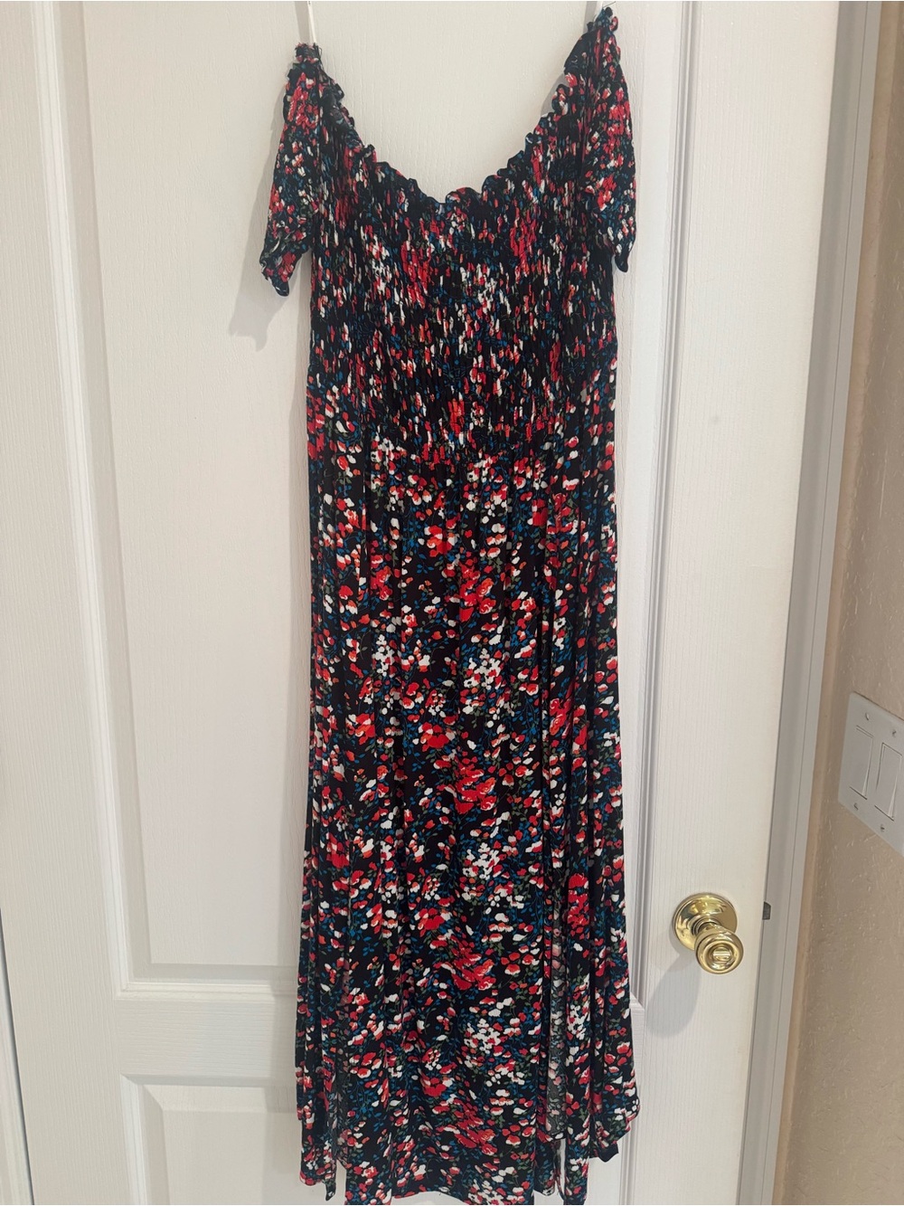 LuLu’s-Smocked Off-Shoulder Floral Maxi Dress in Black and Red